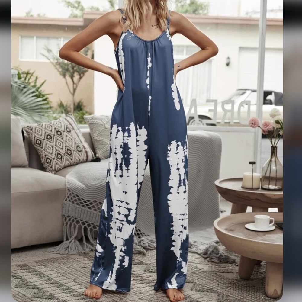 White blotched blue tank jumpsuit